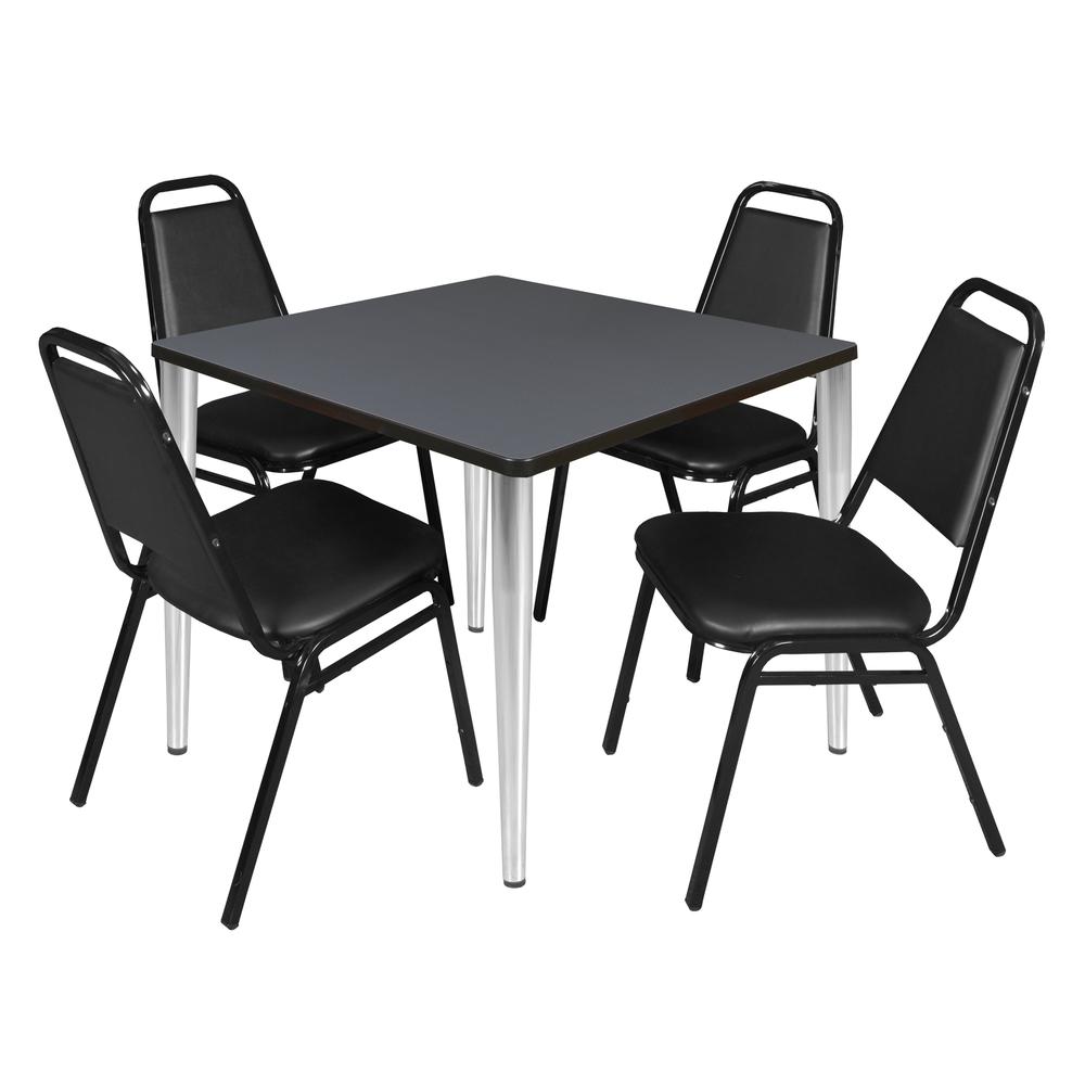Regency Kahlo 36 in. Square Breakroom Table- Grey Top, Chrome Base & 4 Restaurant Stack Chairs- Black. Picture 1