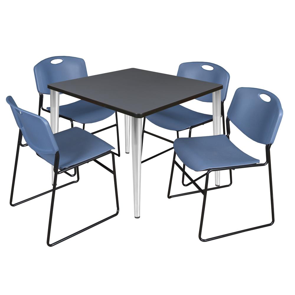 Regency Kahlo 36 in. Square Breakroom Table- Grey Top, Chrome Base & 4 Zeng Stack Chairs- Blue. Picture 1