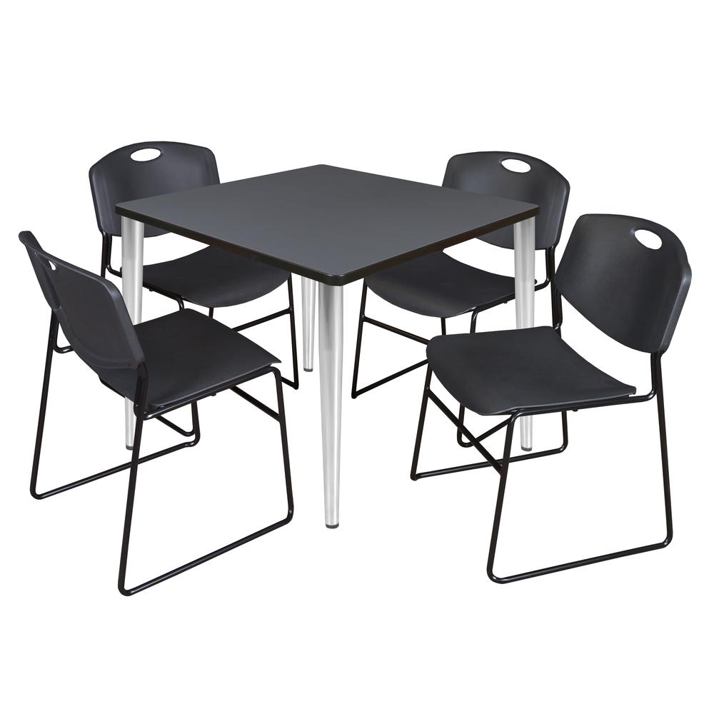 Regency Kahlo 36 in. Square Breakroom Table- Grey Top, Chrome Base & 4 Zeng Stack Chairs- Black. Picture 1
