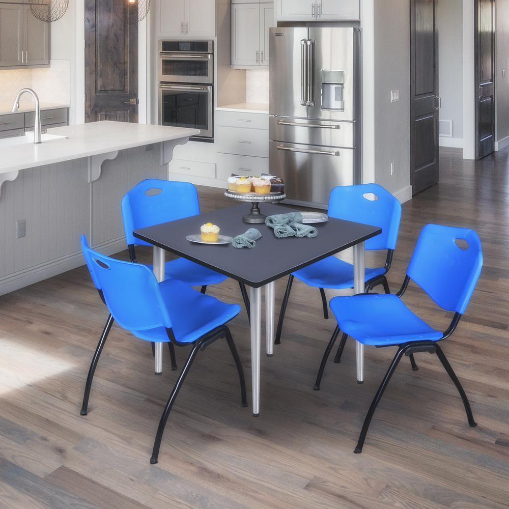 Regency Kahlo 36 in. Square Breakroom Table- Grey Top, Chrome Base & 4 M Stack Chairs- Blue. Picture 9