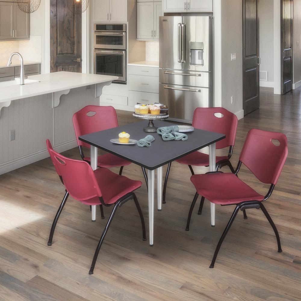 Regency Kahlo 36 in. Square Breakroom Table- Grey Top, Chrome Base & 4 M Stack Chairs- Burgundy. Picture 7