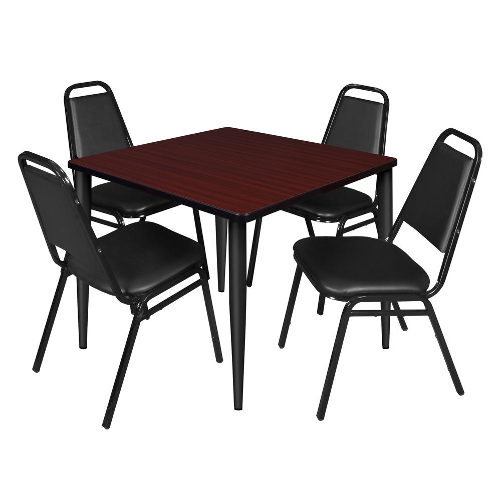 Regency Kahlo 36 in. Square Breakroom Table- Mahogany Top, Black Base & 4 Restaurant Stack Chairs- Black. Picture 1
