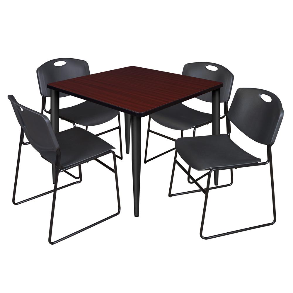 Regency Kahlo 36 in. Square Breakroom Table- Mahogany Top, Black Base & 4 Zeng Stack Chairs- Black. Picture 1