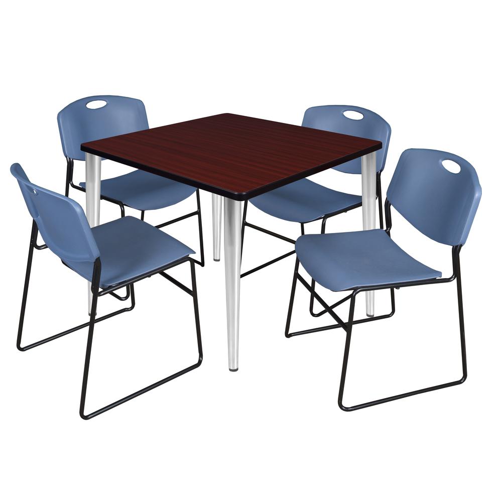 Regency Kahlo 36 in. Square Breakroom Table- Mahogany Top, Chrome Base & 4 Zeng Stack Chairs- Blue. Picture 1