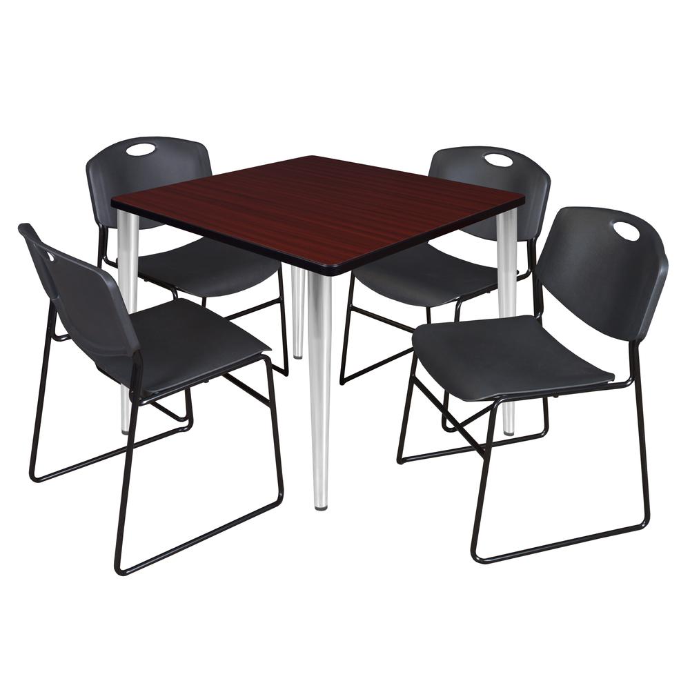 Regency Kahlo 36 in. Square Breakroom Table- Mahogany Top, Chrome Base & 4 Zeng Stack Chairs- Black. Picture 1
