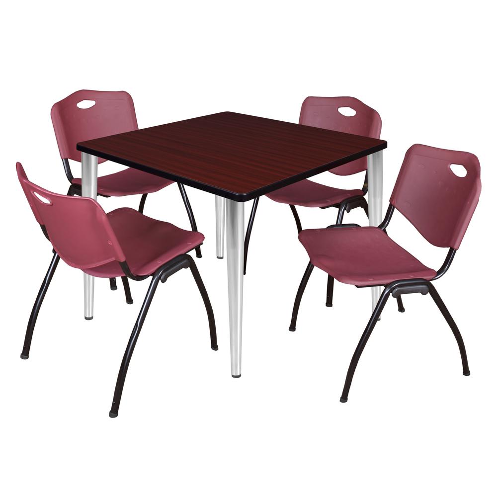Regency Kahlo 36 in. Square Breakroom Table- Mahogany Top, Chrome Base & 4 M Stack Chairs- Burgundy. Picture 1