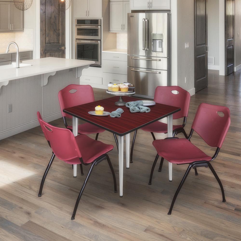 Regency Kahlo 36 in. Square Breakroom Table- Mahogany Top, Chrome Base & 4 M Stack Chairs- Burgundy. Picture 7