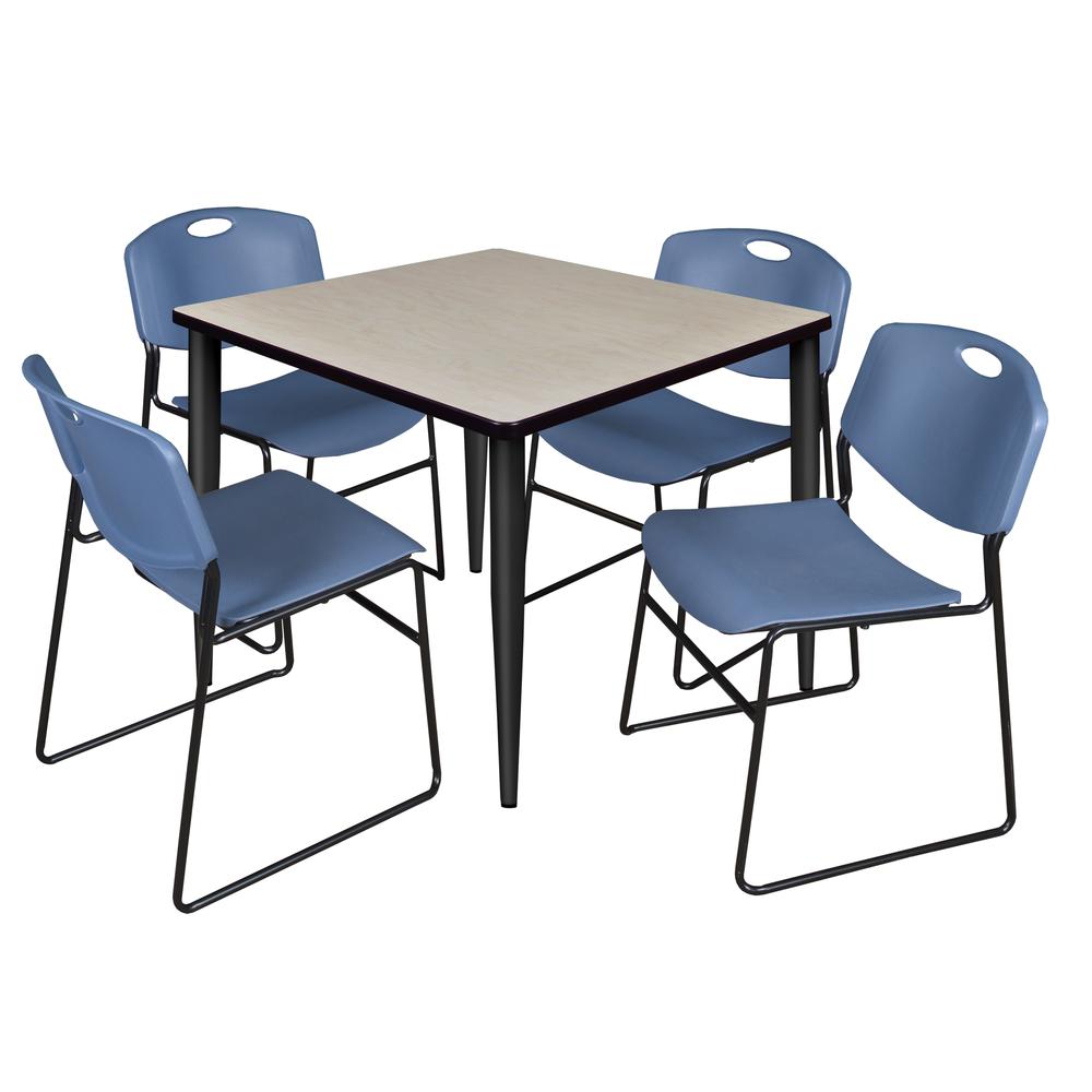 Regency Kahlo 36 in. Square Breakroom Table- Maple Top, Black Base & 4 Zeng Stack Chairs- Blue. Picture 1