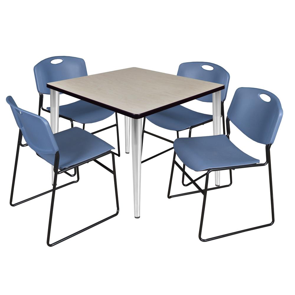 Regency Kahlo 36 in. Square Breakroom Table- Maple Top, Chrome Base & 4 Zeng Stack Chairs- Blue. Picture 1
