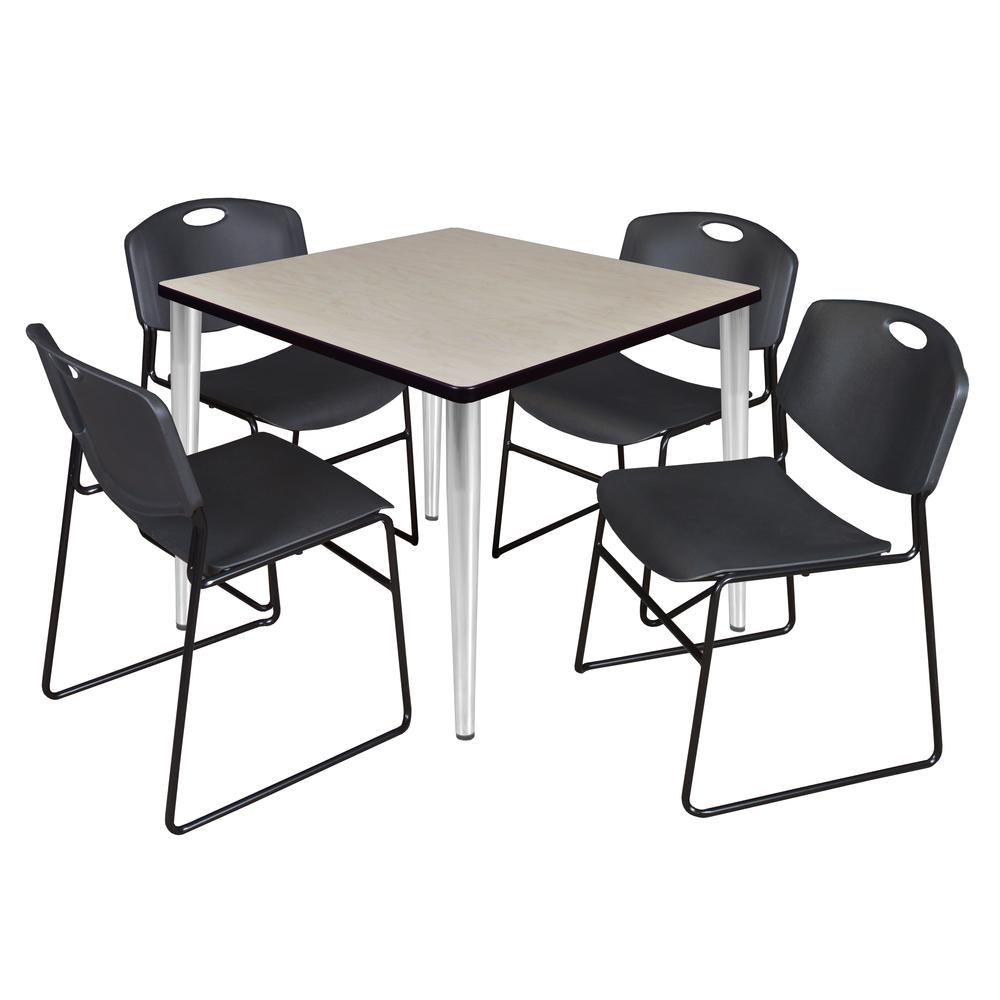 Regency Kahlo 36 in. Square Breakroom Table- Maple Top, Chrome Base & 4 Zeng Stack Chairs- Black. Picture 1