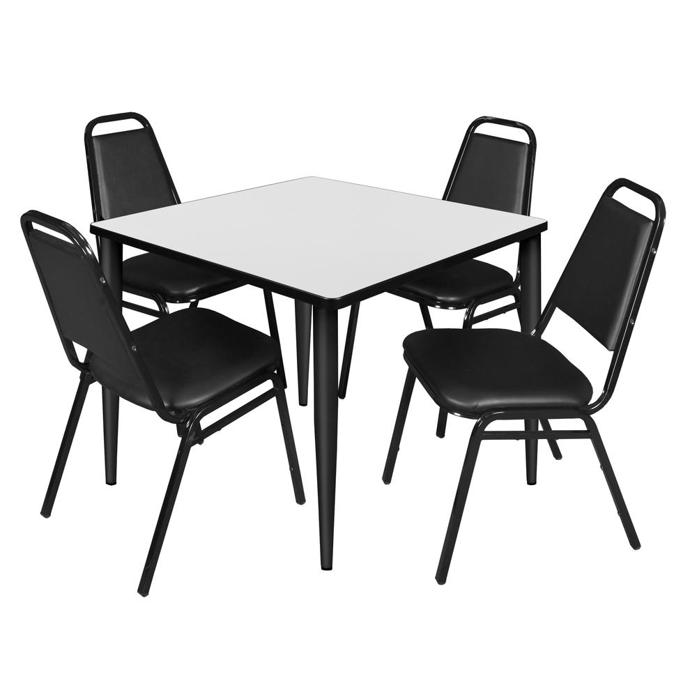 Regency Kahlo 36 in. Square Breakroom Table- White, Black Base & 4 Restaurant Stack Chairs- Black. Picture 1