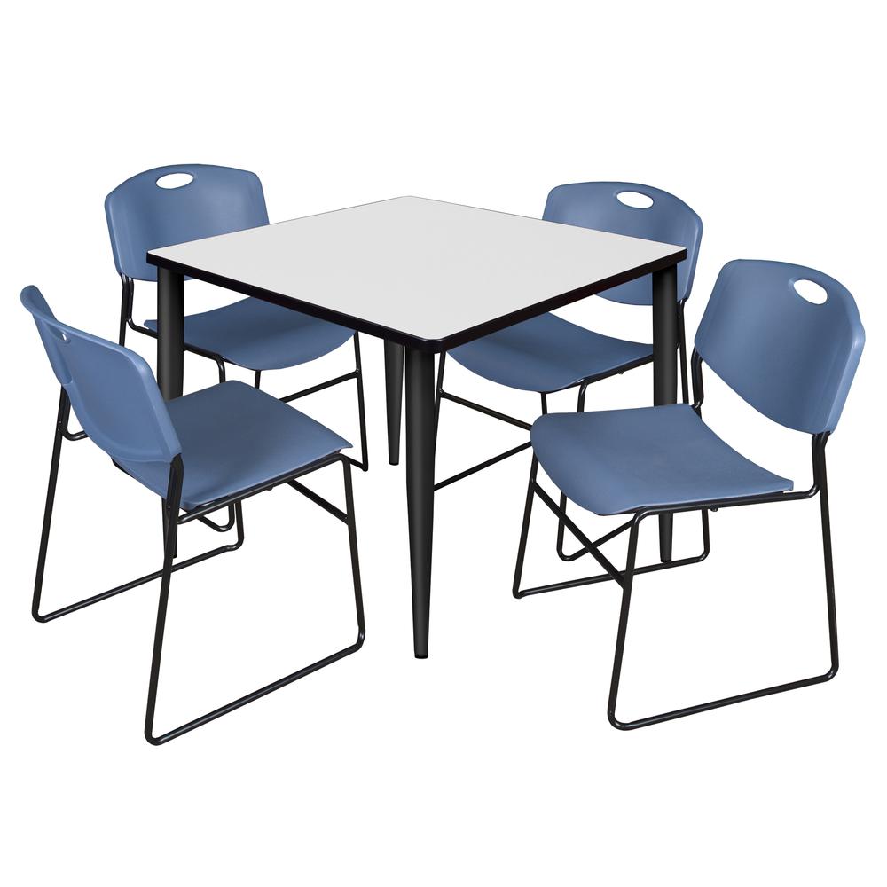 Regency Kahlo 36 in. Square Breakroom Table- White, Black Base & 4 Zeng Stack Chairs- Blue. Picture 1