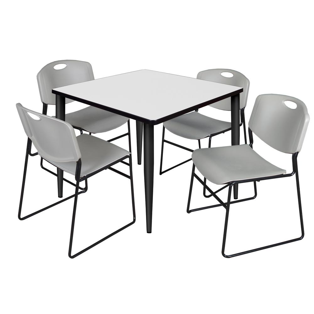 Regency Kahlo 36 in. Square Breakroom Table- White, Black Base & 4 Zeng Stack Chairs- Grey. Picture 1