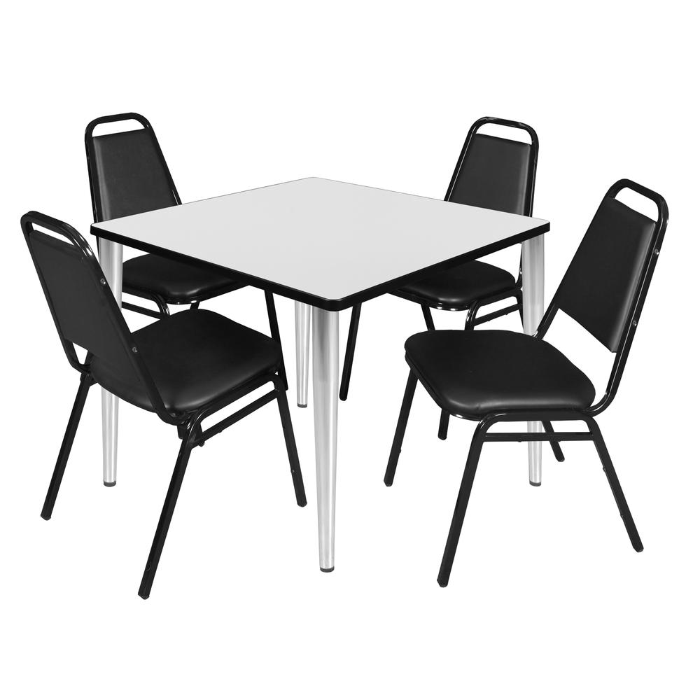 Regency Kahlo 36 in. Square Breakroom Table- White Top, Chrome Base & 4 Restaurant Stack Chairs- Black. Picture 1