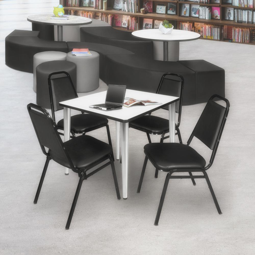 Regency Kahlo 36 in. Square Breakroom Table- White Top, Chrome Base & 4 Restaurant Stack Chairs- Black. Picture 7