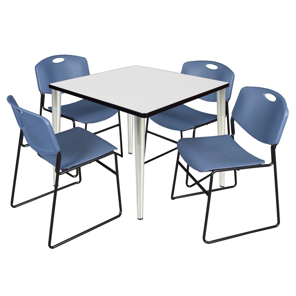 Regency Kahlo 36 in. Square Breakroom Table- White Top, Chrome Base & 4 Zeng Stack Chairs- Blue. Picture 1