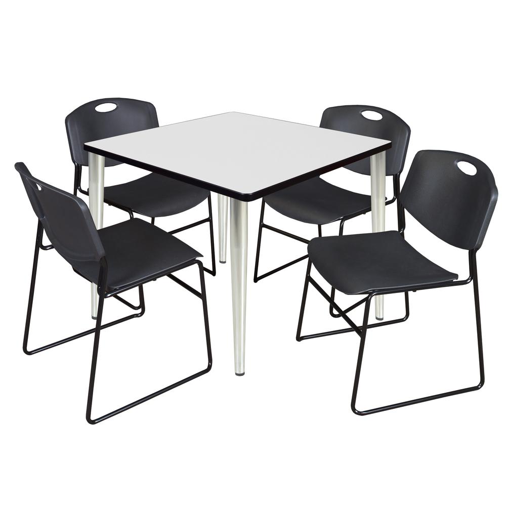 Regency Kahlo 36 in. Square Breakroom Table- White Top, Chrome Base & 4 Zeng Stack Chairs- Black. Picture 1