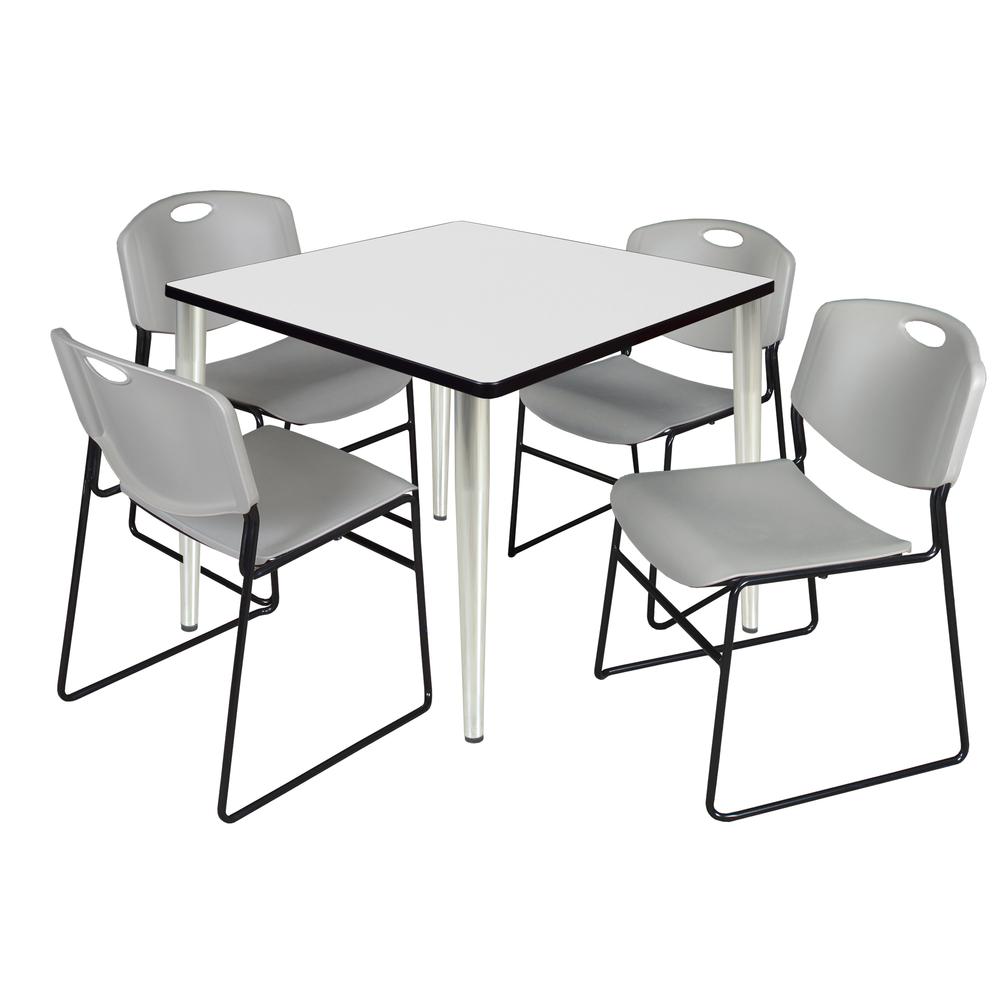 Regency Kahlo 36 in. Square Breakroom Table- White Top, Chrome Base & 4 Zeng Stack Chairs- Grey. Picture 1