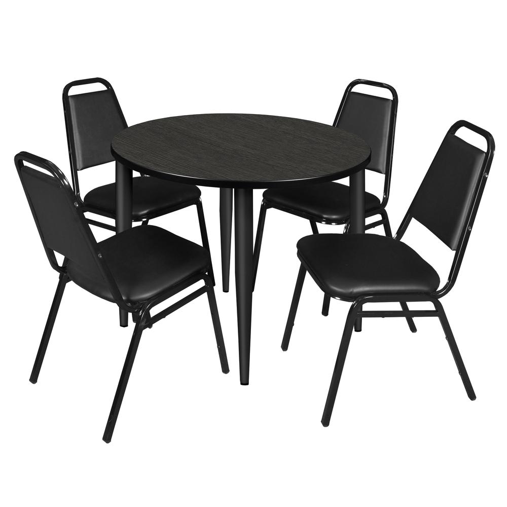 Regency Kahlo 36 in. Round Breakroom Table- Ash Grey Top, Black Base & 4 Restaurant Stack Chairs- Black. Picture 1