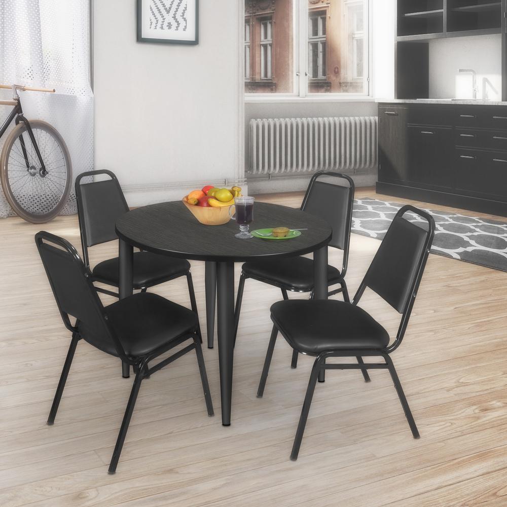 Regency Kahlo 36 in. Round Breakroom Table- Ash Grey Top, Black Base & 4 Restaurant Stack Chairs- Black. Picture 7