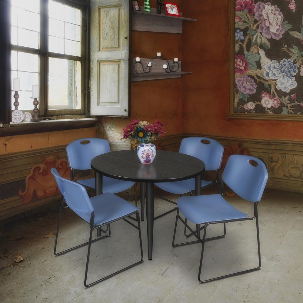 Regency Kahlo 36 in. Round Breakroom Table- Ash Grey Top, Black Base & 4 Zeng Stack Chairs- Blue. Picture 7
