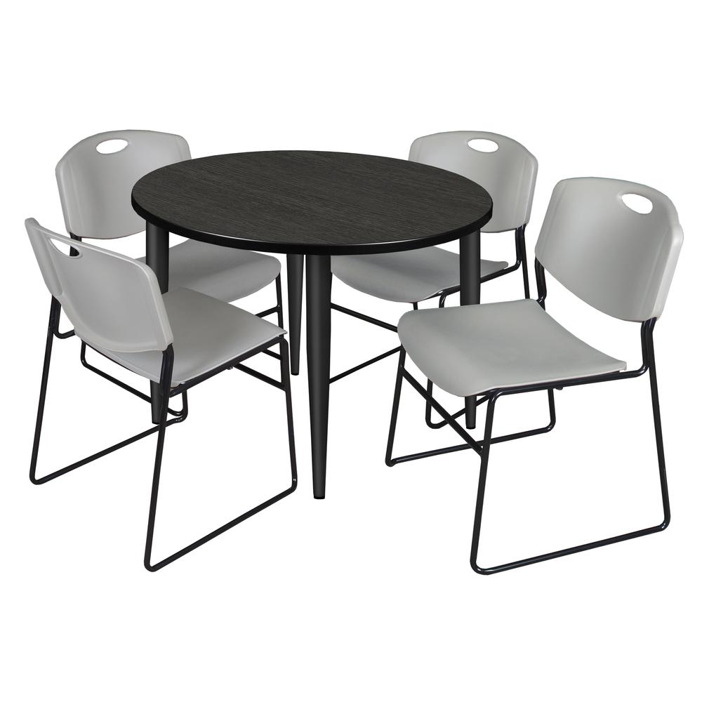 Regency Kahlo 36 in. Round Breakroom Table- Ash Grey Top, Black Base & 4 Zeng Stack Chairs- Grey. Picture 1