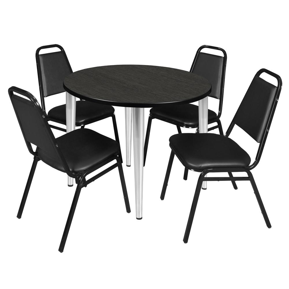 Regency Kahlo 36 in. Round Breakroom Table- Ash Grey Top, Chrome Base & 4 Restaurant Stack Chairs- Black. Picture 1