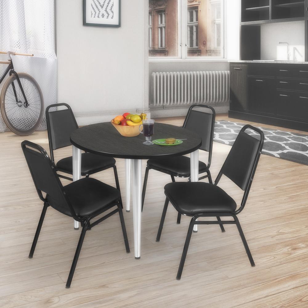Regency Kahlo 36 in. Round Breakroom Table- Ash Grey Top, Chrome Base & 4 Restaurant Stack Chairs- Black. Picture 7