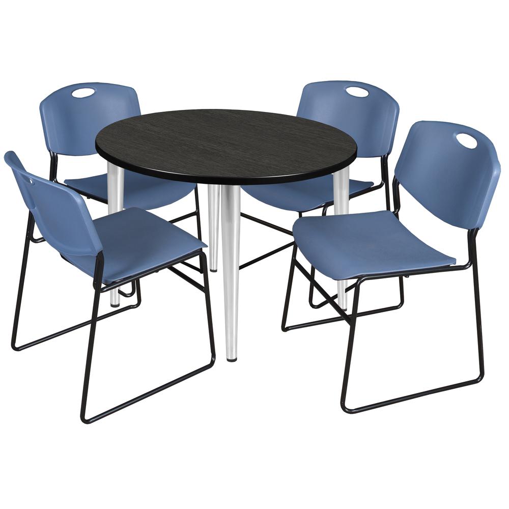 Regency Kahlo 36 in. Round Breakroom Table- Ash Grey Top, Chrome Base & 4 Zeng Stack Chairs- Blue. Picture 1