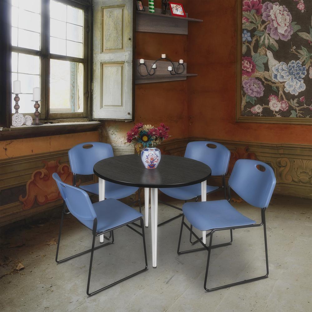Regency Kahlo 36 in. Round Breakroom Table- Ash Grey Top, Chrome Base & 4 Zeng Stack Chairs- Blue. Picture 7