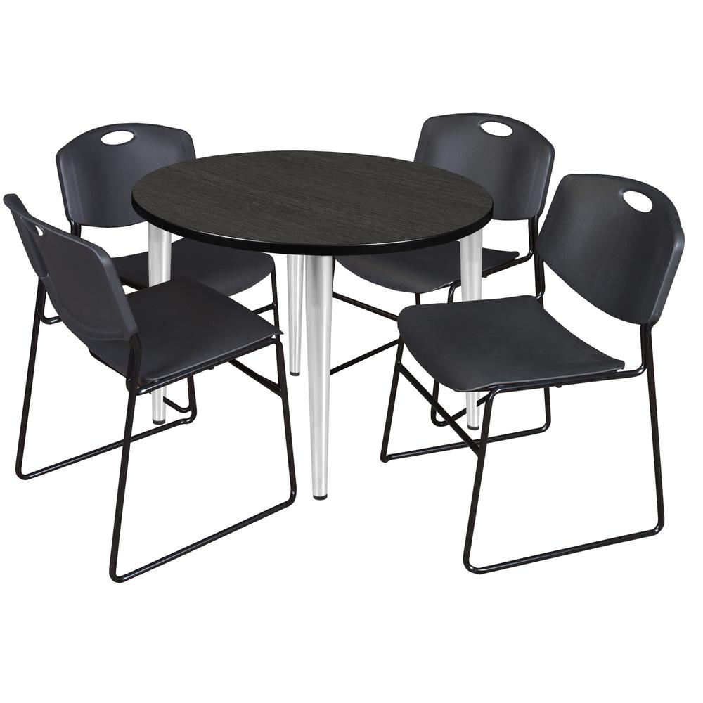Regency Kahlo 36 in. Round Breakroom Table- Ash Grey Top, Chrome Base & 4 Zeng Stack Chairs- Black. Picture 1