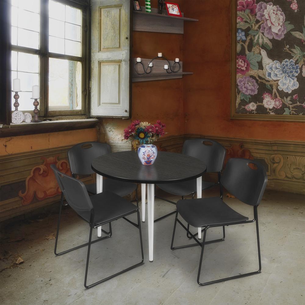 Regency Kahlo 36 in. Round Breakroom Table- Ash Grey Top, Chrome Base & 4 Zeng Stack Chairs- Black. Picture 7