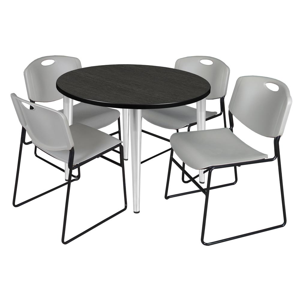 Regency Kahlo 36 in. Round Breakroom Table- Ash Grey Top, Chrome Base & 4 Zeng Stack Chairs- Grey. Picture 1