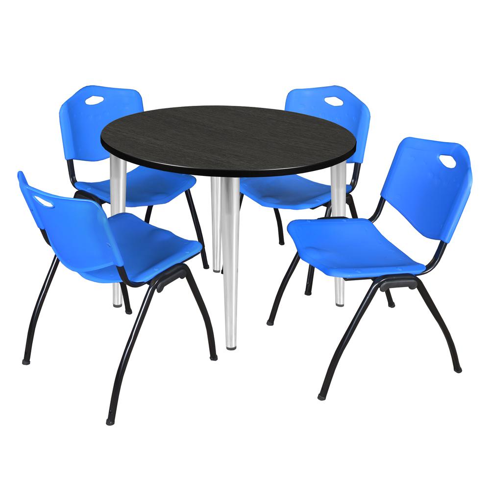 Regency Kahlo 36 in. Round Breakroom Table- Ash Grey Top, Chrome Base & 4 M Stack Chairs- Blue. Picture 1
