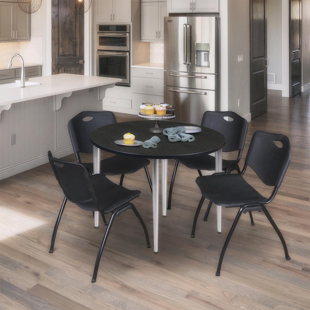 Regency Kahlo 36 in. Round Breakroom Table- Ash Grey Top, Chrome Base & 4 M Stack Chairs- Black. Picture 7