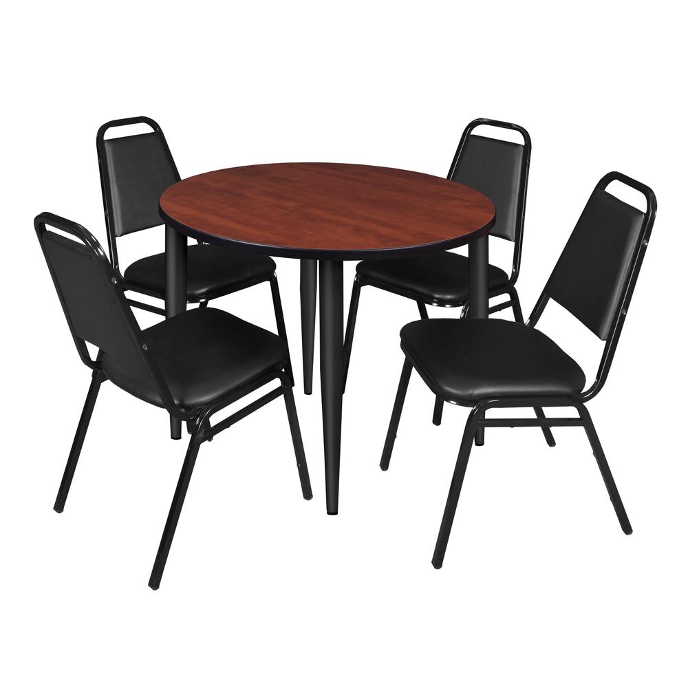 Regency Kahlo 36 in. Round Breakroom Table- Cherry Top, Black Base & 4 Restaurant Stack Chairs- Black. Picture 1