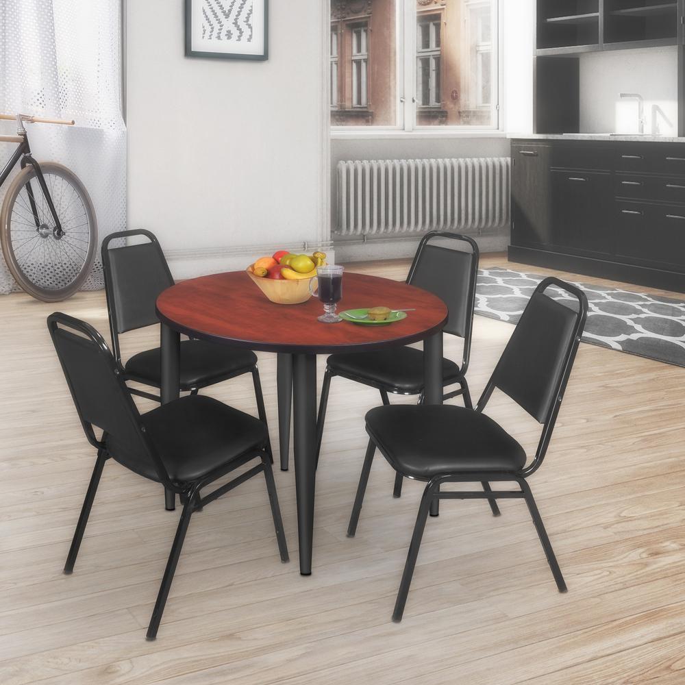 Regency Kahlo 36 in. Round Breakroom Table- Cherry Top, Black Base & 4 Restaurant Stack Chairs- Black. Picture 7