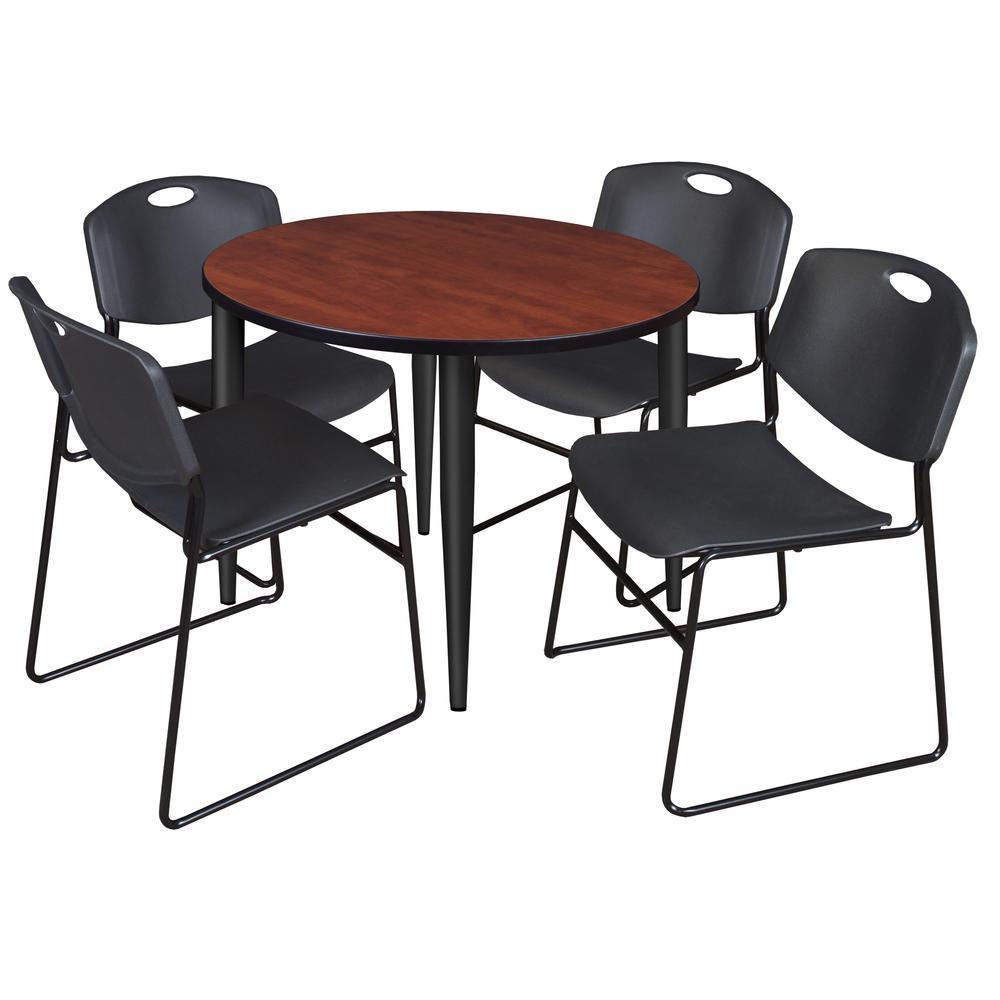 Regency Kahlo 36 in. Round Breakroom Table- Cherry Top, Black Base & 4 Zeng Stack Chairs- Black. Picture 1