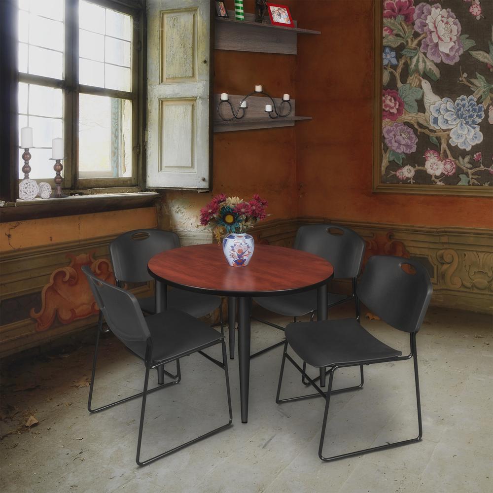 Regency Kahlo 36 in. Round Breakroom Table- Cherry Top, Black Base & 4 Zeng Stack Chairs- Black. Picture 7