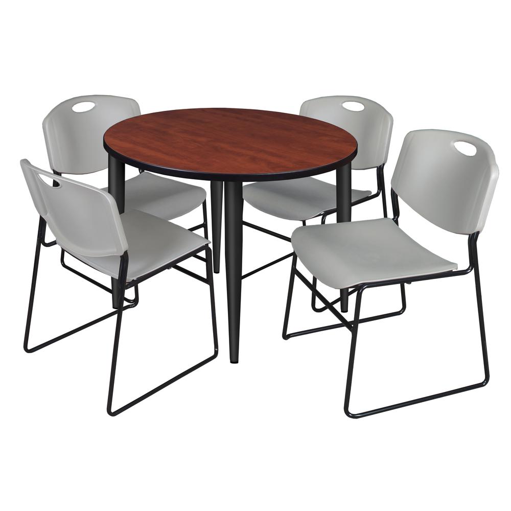 Regency Kahlo 36 in. Round Breakroom Table- Cherry Top, Black Base & 4 Zeng Stack Chairs- Grey. Picture 1