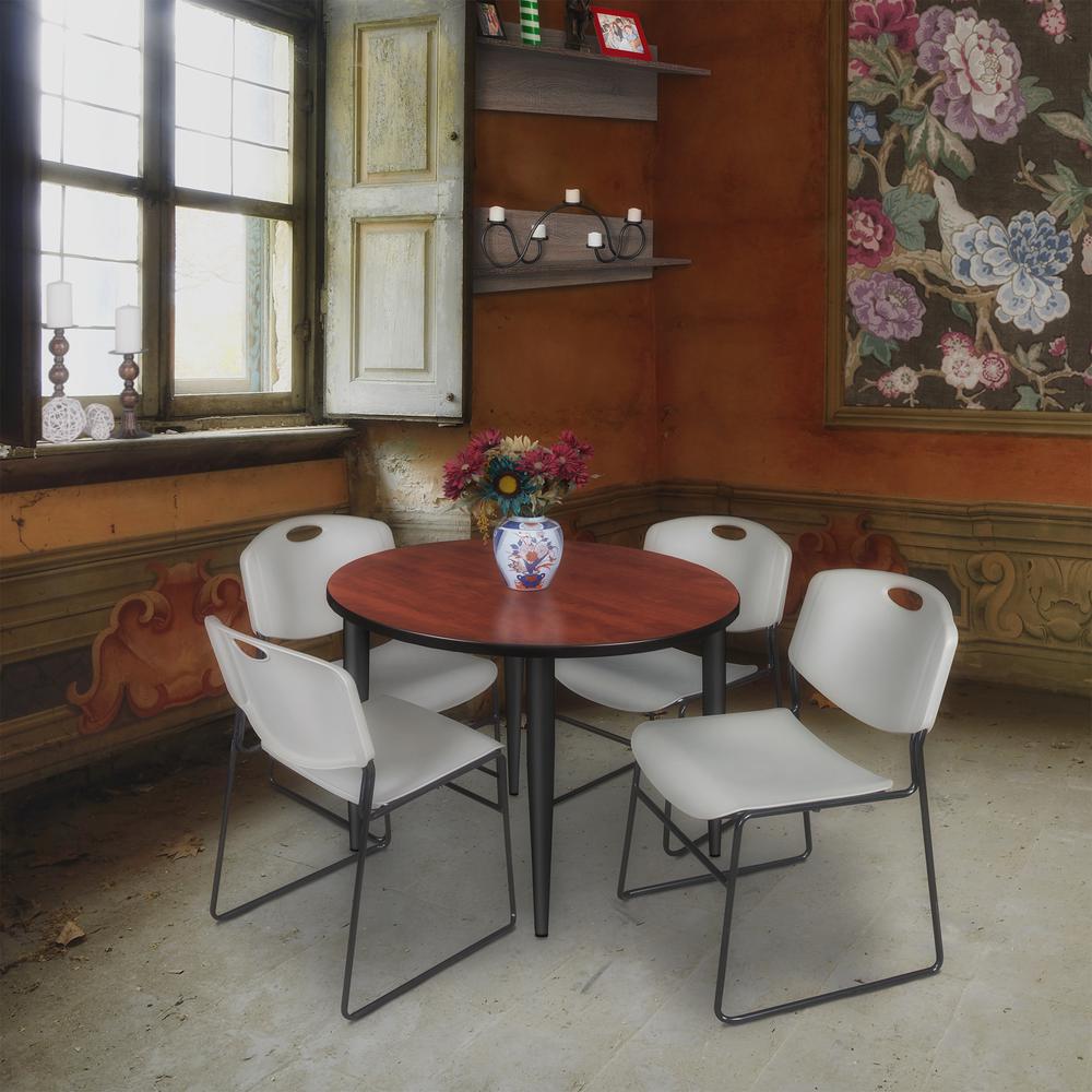 Regency Kahlo 36 in. Round Breakroom Table- Cherry Top, Black Base & 4 Zeng Stack Chairs- Grey. Picture 7