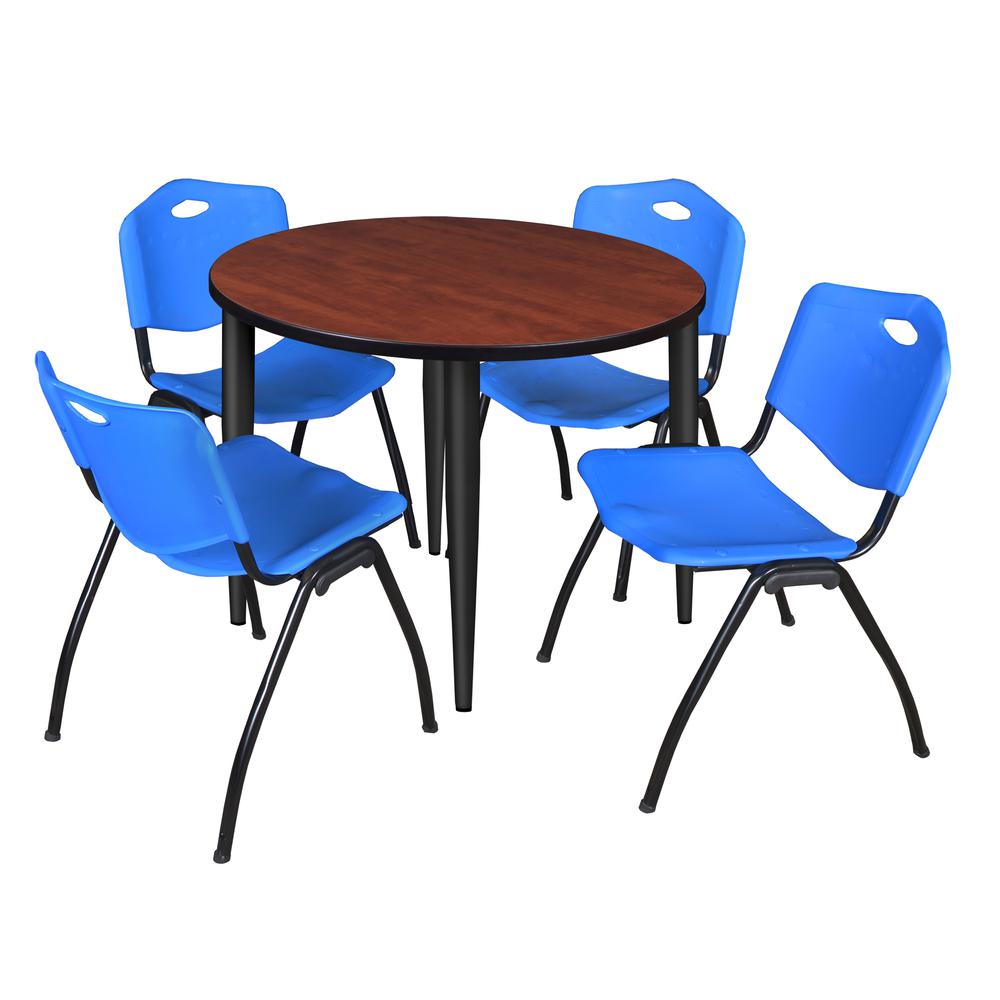 Regency Kahlo 36 in. Round Breakroom Table- Cherry Top, Black Base & 4 M Stack Chairs- Blue. Picture 1