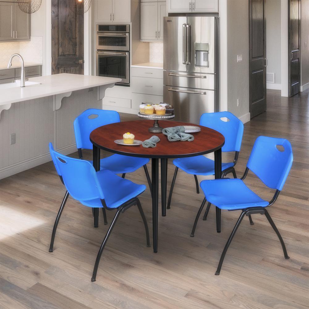 Regency Kahlo 36 in. Round Breakroom Table- Cherry Top, Black Base & 4 M Stack Chairs- Blue. Picture 7