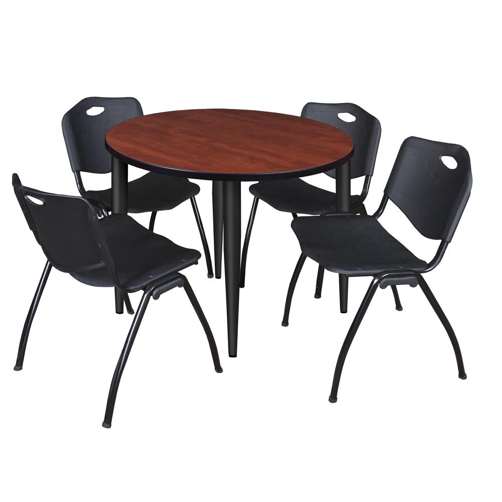 Regency Kahlo 36 in. Round Breakroom Table- Cherry Top, Black Base & 4 M Stack Chairs- Black. Picture 1