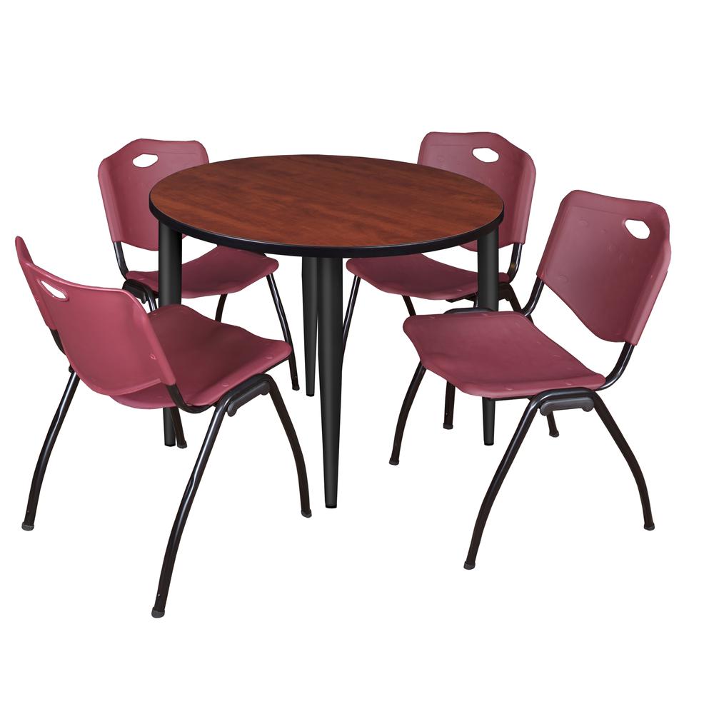 Regency Kahlo 36 in. Round Breakroom Table- Cherry Top, Black Base & 4 M Stack Chairs- Burgundy. Picture 1