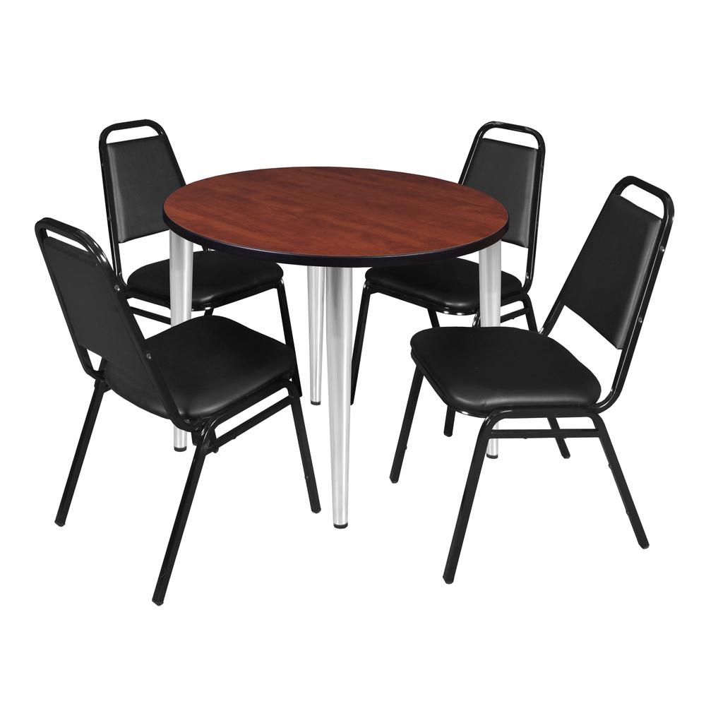 Regency Kahlo 36 in. Round Breakroom Table- Cherry Top, Chrome Base & 4 Restaurant Stack Chairs- Black. Picture 1