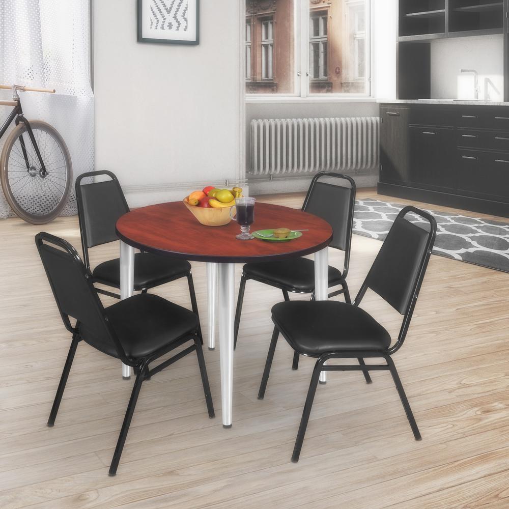 Regency Kahlo 36 in. Round Breakroom Table- Cherry Top, Chrome Base & 4 Restaurant Stack Chairs- Black. Picture 7
