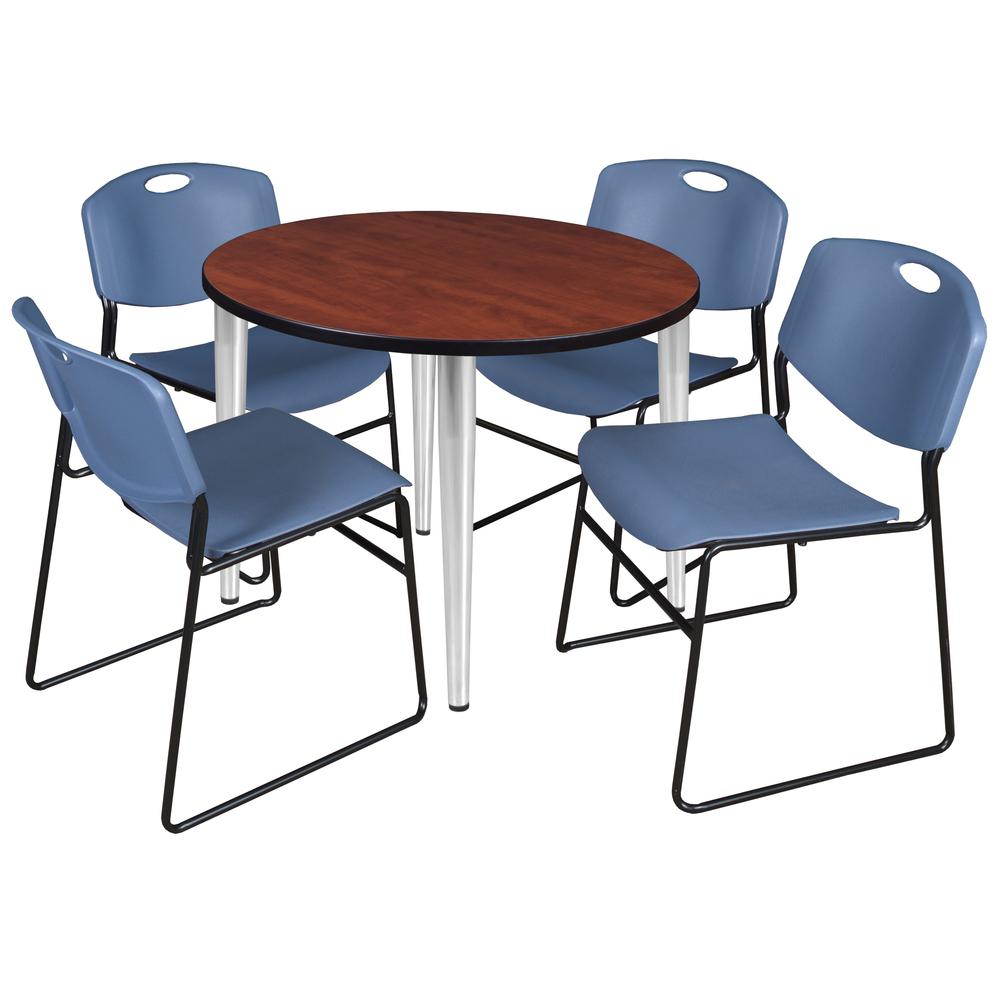 Regency Kahlo 36 in. Round Breakroom Table- Cherry Top, Chrome Base & 4 Zeng Stack Chairs- Blue. Picture 1