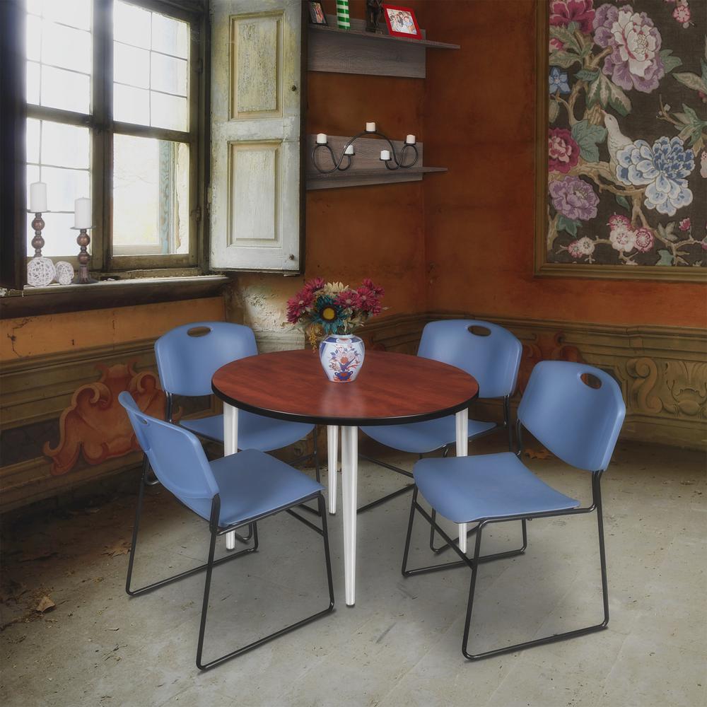 Regency Kahlo 36 in. Round Breakroom Table- Cherry Top, Chrome Base & 4 Zeng Stack Chairs- Blue. Picture 7