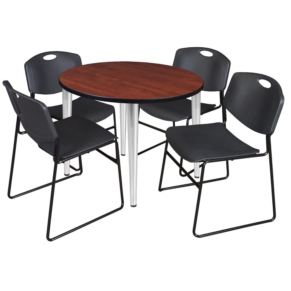 Regency Kahlo 36 in. Round Breakroom Table- Cherry Top, Chrome Base & 4 Zeng Stack Chairs- Black. Picture 1